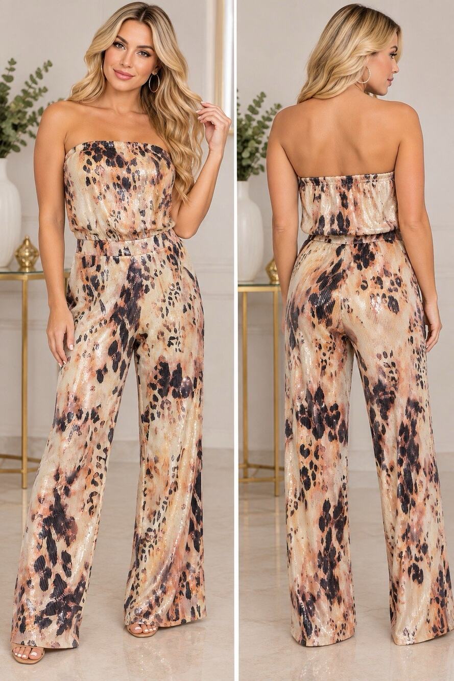 Fashion Nova Small Town Girl Sequin Jumpsuit Size L Ivory Animal Print